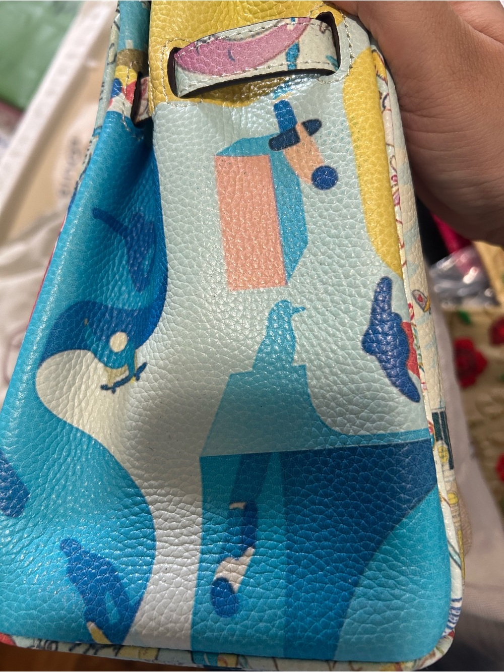 Pastel Illustrated Top-Handle Satchel in Blue, Pink, Yellow - Picture 9 of 9